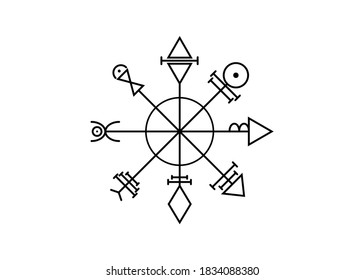 First Pentacle of Venus, seals magical talisman. Sacred geometry. Vegvisir compass mystical Characters of Venus amulet, tattoo art, logo, prints. Stock vector illustration isolated white background 