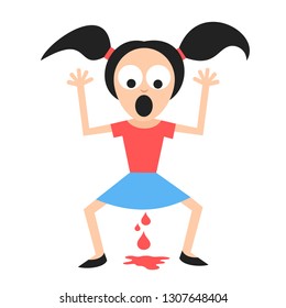 First Period And Menstruation / Spontaneous Abortion And Miscarriage - Young Woman Is Frightened And Scared After Blood And Bleeding. Comical Vector Illustration 