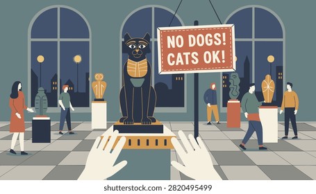 First person perspective of a visitor walking into an art museum featuring ancient Egyptian cat statue and a humorous sign.