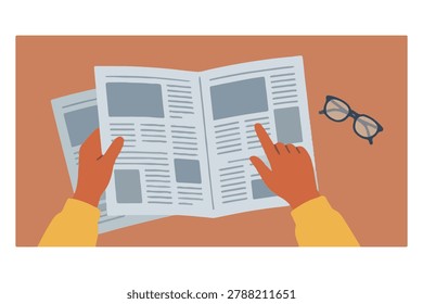 First Person Point of View Reading Newspaper Top View Desk Flat Vector Clipart