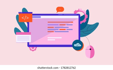 Erste Person Programmiergrafik. Online-Software-Programmierung Technologie kreative Informations-Flachanwendungen professionelle Vektorwebentwicklung.