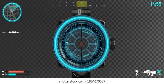 First person shooter layout, sniper scope with hologram hood and game interface elements - mini map, armor and lives, compass, ammunition, weapons and other. First person shooter GUI. Vector template
