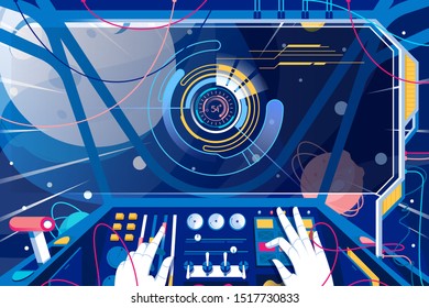 First person spaceman in spaceship with control panel in space. Concept cosmonaut character in future travel in rocket with display of data diagram. Vector illustration.