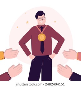 First place. Applause for the winner, successful businessman. Best worker of month. Awarding winner after competition. Happy confident man with gold medal, victory. flat vector illustration