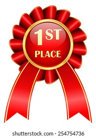 FIRST PLACE award badge with red ribbon and golden frame -  vector drawing isolated on white background 