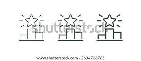 First place award in the competition, pedestal outline icons. Line signs sports podium with five-pointed shining star rays. Vector isolated pictograms for web on white background editable stroke.