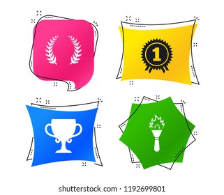 First place award cup icons. Laurel wreath sign. Torch fire flame symbol. Prize for winner. Geometric colorful tags. Banners with flat icons. Trendy design. Vector