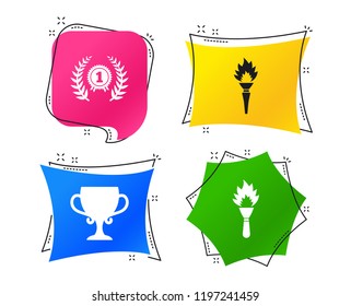 First place award cup icons. Laurel wreath sign. Torch fire flame symbol. Prize for winner. Geometric colorful tags. Banners with flat icons. Trendy design. Vector