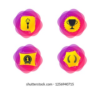 First place award cup icons. Laurel wreath sign. Torch fire flame symbol. Prize for winner. Geometric gradient sales shapes. Creative banners. Template for design. Winner vector
