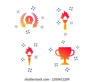 First place award cup icons. Laurel wreath sign. Torch fire flame symbol. Prize for winner. Random dynamic shapes. Gradient winner icon. Vector