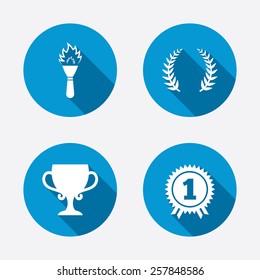 First place award cup icons. Laurel wreath sign. Torch fire flame symbol. Prize for winner. Circle concept web buttons. Vector