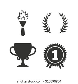 First place award cup icons. Laurel wreath sign. Torch fire flame symbol. Prize for winner. Flat icons on white. Vector
