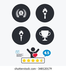 First place award cup icons. Laurel wreath sign. Torch fire flame symbol. Prize for winner. Star vote ranking. Client like and think bubble. Quotes with message.