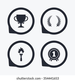 First place award cup icons. Laurel wreath sign. Torch fire flame symbol. Prize for winner. Flat icon pointers.