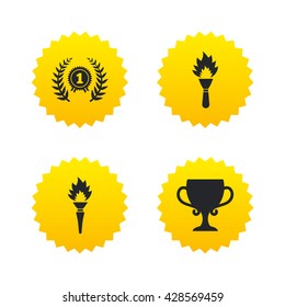 First place award cup icons. Laurel wreath sign. Torch fire flame symbol. Prize for winner. Yellow stars labels with flat icons. Vector