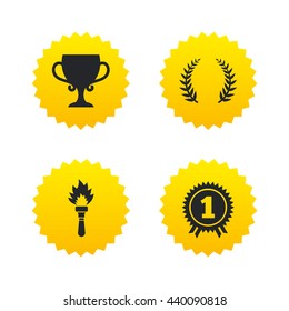 First place award cup icons. Laurel wreath sign. Torch fire flame symbol. Prize for winner. Yellow stars labels with flat icons. Vector