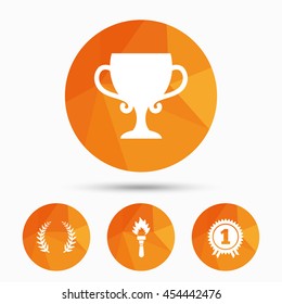 First place award cup icons. Laurel wreath sign. Torch fire flame symbol. Prize for winner. Triangular low poly buttons with shadow. Vector