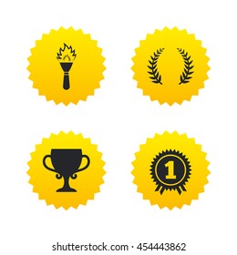 First place award cup icons. Laurel wreath sign. Torch fire flame symbol. Prize for winner. Yellow stars labels with flat icons. Vector