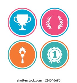 First place award cup icons. Laurel wreath sign. Torch fire flame symbol. Prize for winner. Colored circle buttons. Vector