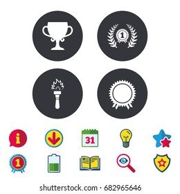 First place award cup icons. Laurel wreath sign. Torch fire flame symbol. Prize for winner. Calendar, Information and Download signs. Stars, Award and Book icons. Light bulb, Shield and Search. Vector