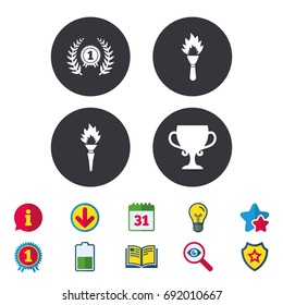 First place award cup icons. Laurel wreath sign. Torch fire flame symbol. Prize for winner. Calendar, Information and Download signs. Stars, Award and Book icons. Light bulb, Shield and Search. Vector