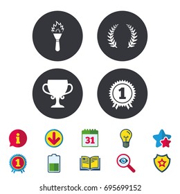 First place award cup icons. Laurel wreath sign. Torch fire flame symbol. Prize for winner. Calendar, Information and Download signs. Stars, Award and Book icons. Light bulb, Shield and Search. Vector