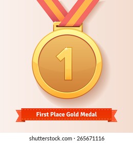 First Place Award Gold Medal With Red Ribbon. Vector Icon.