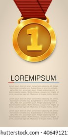 First place award gold medal with red ribbon. Vector illustration