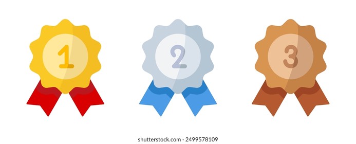 First place award icon. Gold medal vector illustration. 1st, 2nd and 3rd place gold, silver and bronze trophy. Champion reward symbol. Competition or championship prize sign. Achievement badge concept