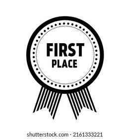 First place award icon. First award winner badge guarantee winning prize ribbon symbol. Winner medal icon. Chat speech bubble, presentation signs, vector illustration.