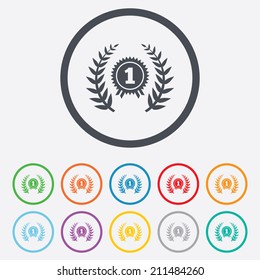 First place award sign icon. Prize for winner symbol. Laurel Wreath. Round circle buttons with frame. Vector