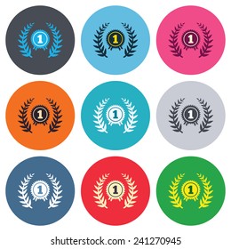 First place award sign icon. Prize for winner symbol. Laurel Wreath. Colored round buttons. Flat design circle icons set. Vector