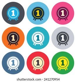 First place award sign icon. Prize for winner symbol. Colored round buttons. Flat design circle icons set. Vector