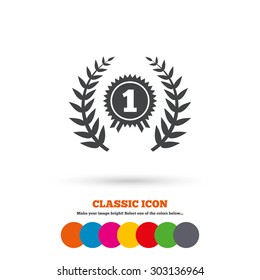 First place award sign icon. Prize for winner symbol. Laurel Wreath. Classic flat icon. Colored circles. Vector