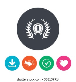 First place award sign icon. Prize for winner symbol. Laurel Wreath. Download arrow, handshake, tick and heart. Flat circle buttons.