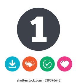 First place award sign. Winner symbol. Step one. Download arrow, handshake, tick and heart. Flat circle buttons.