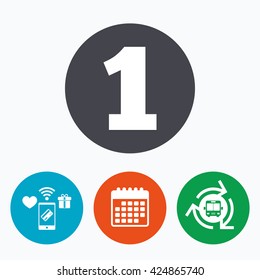 First place award sign. Winner symbol. Step one. Mobile payments, calendar and wifi icons. Bus shuttle.