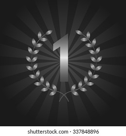 First place award symbol with silver laurel wreath on the dark abstract background