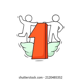 First place award, winners prize with number one. Concept of best, premium, 1st position, business success, sport victory. Vector doodle illustration of people and big red number 1 with wings