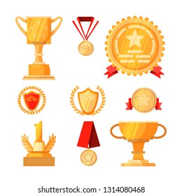 First place awards set. Collection of golden prizes. Can be used for topics like competition, winner, trophy