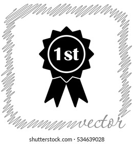First place badge with ribbons  black  vector icon