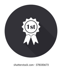 first place badge with ribbons icon with long shadow - vector round button