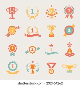 First Place Badges and Winner Ribbons vector colored illustration