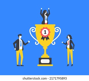 First place. Business award. Business people and trophy cup. Gold cup. Victory, success, achievement, winner concepts. Modern graphic elements set. Vector illustration