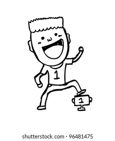 first place champion expression cartoon holding trophy vector illustration doodle