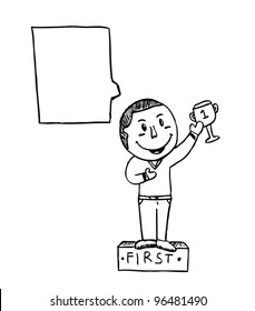first place champion expression cartoon holding trophy vector illustration doodle