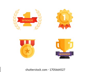 First place competition winner. Number one 1 win award. Champion celebration with gold trophy, prize. Vector illustration banner. Victory symbols set.