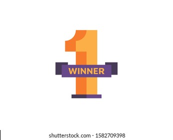 First place competition winner. Win award. Champion celebration with gold trophy, prize and ribbon. Vector illustration.