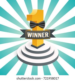 First place competition winner. Win award. Champion celebration with gold trophy, prize. Retro vintage vector illustration poster,banner. Victory symbol with ribbon. Number one.