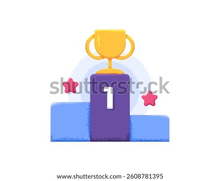 first place concept. awards and achievements. succeeding and becoming a winner. competition prizes and positions. illustration of a podium with a trophy. flat style design with grain texture. elements